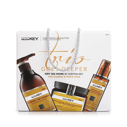 Trio Goes Deeper, set pentru parul deteriorat Șampon + Unt+ Ulei de Shea